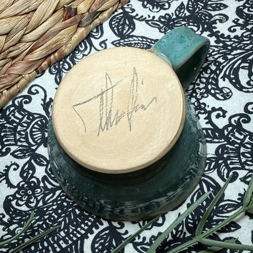 NEW Hand Made Coffee Mug Cup Artist Signed Blue Green Cream Stoneware Mug Cup